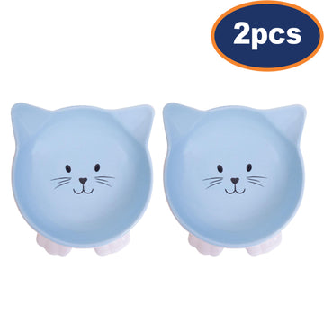 2Pcs Blue Cat Face Stoneware Pet Bowl