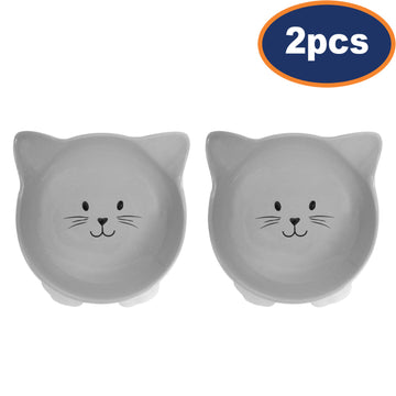 2Pcs Grey Cat Face Stoneware Pet Bowl