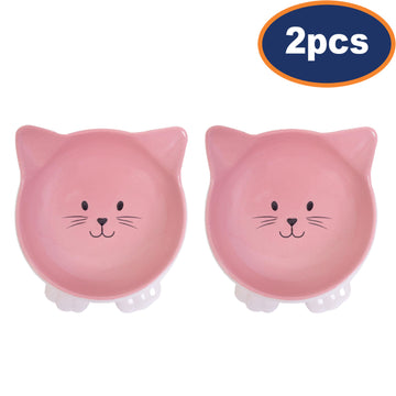 2Pcs Pink Cat Face Stoneware Pet Bowl