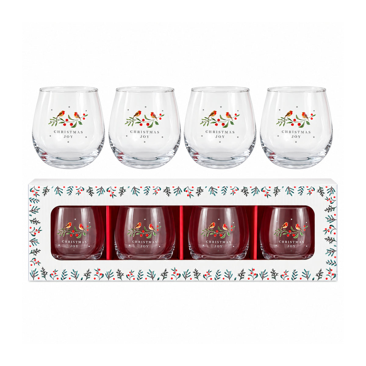 4Pcs 450ml Christmas Robin Drinking Glasses Set