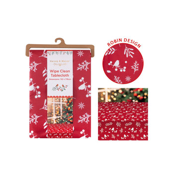 Red Robin Wipe Clean PEVA Polyester 132x178cm Christmas Tablecloth
