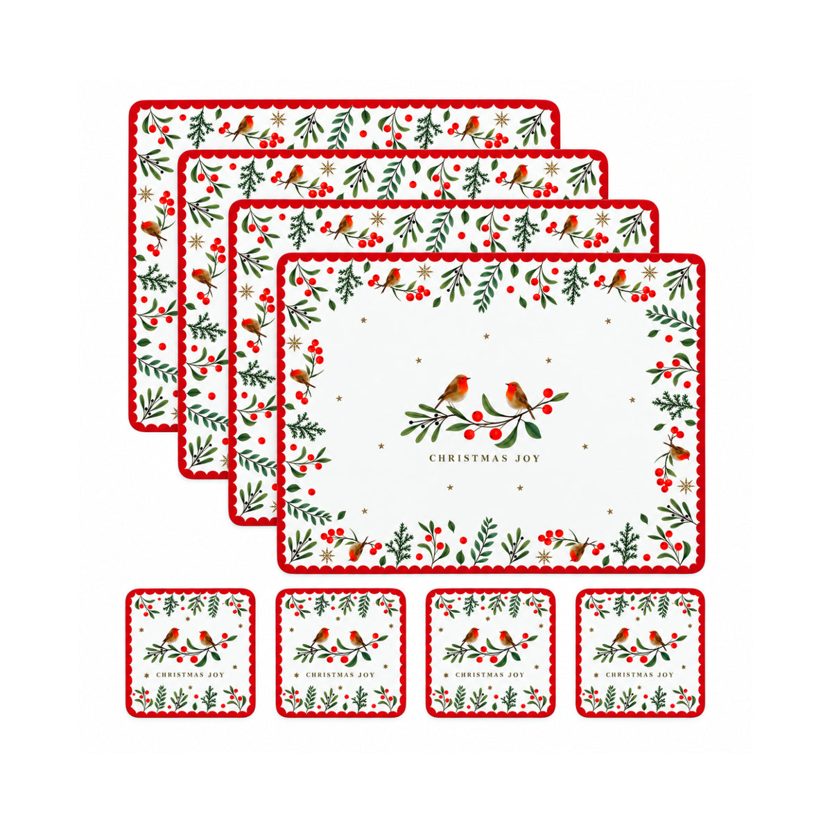 Christmas Robin Cork Backed 4 Placemats & 4 Coasters Set