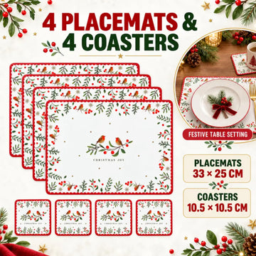 Christmas Robin Cork Backed 4 Placemats & 4 Coasters Set