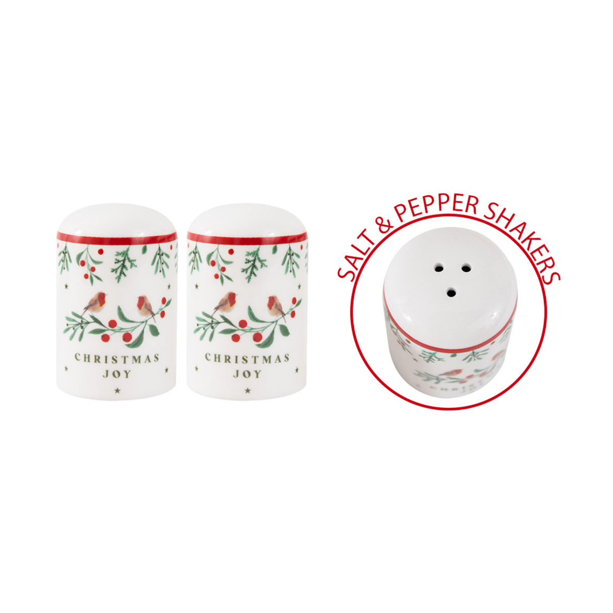 Ceramic Robin Holly Design Christmas Joy Salt & Pepper Shakers Set