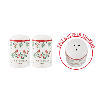 Ceramic Robin Holly Design Christmas Joy Salt & Pepper Shakers Set