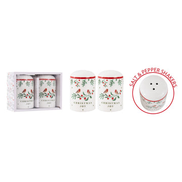 Ceramic Robin Holly Design Christmas Joy Salt & Pepper Shakers Set
