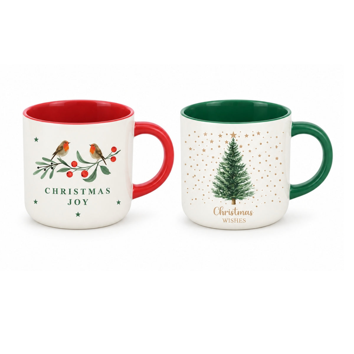 2Pcs Robin & Tree 370ml New China Red Green Festive Christmas Mugs