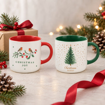 2Pcs Robin & Tree 370ml New China Red Green Festive Christmas Mugs