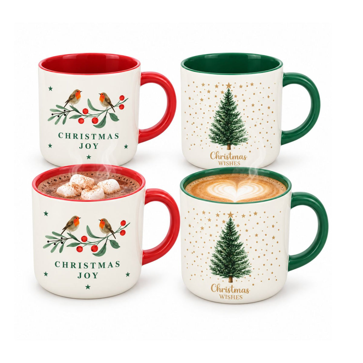 4Pcs Robin & Tree 370ml New China Red Green Christmas Mugs