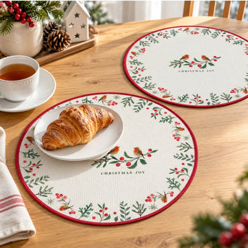 2Pcs Round Wipe Clean 38cm PVC Christmas Placemats Red Robin Set