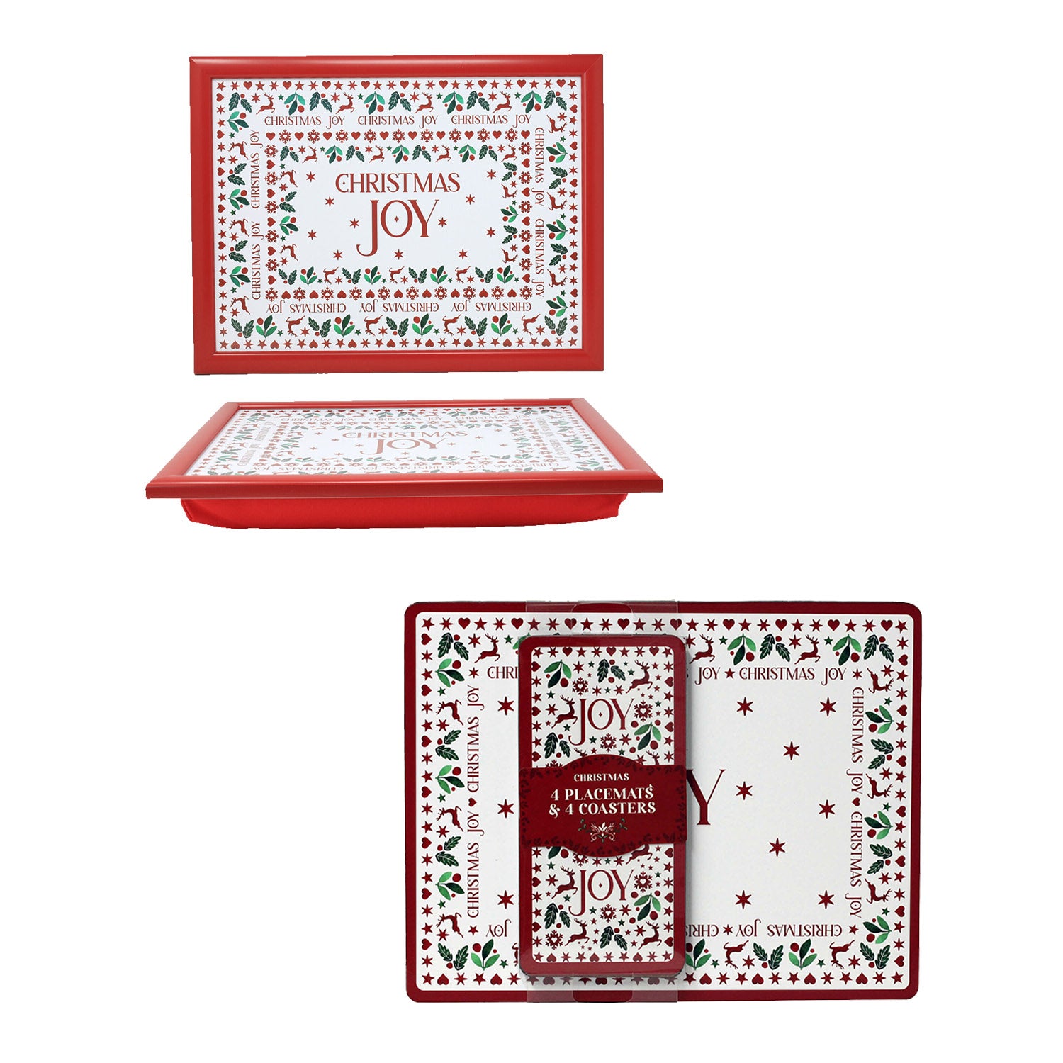 Christmas Joy Cushioned Lap Tray Cork Table Placemats & Coasters Set