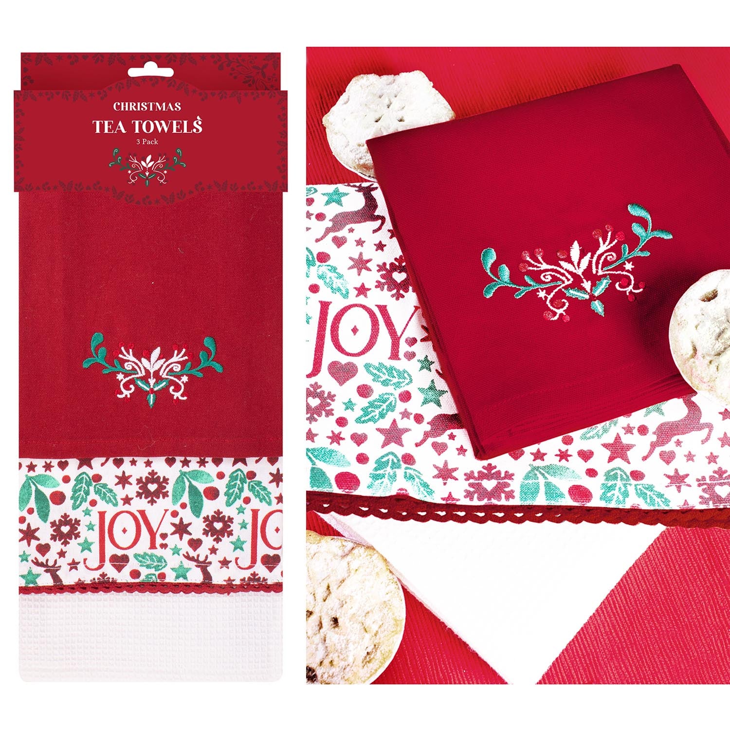 Christmas Joy Tea Towel Set of 3 100% Cotton Kitchen Towels