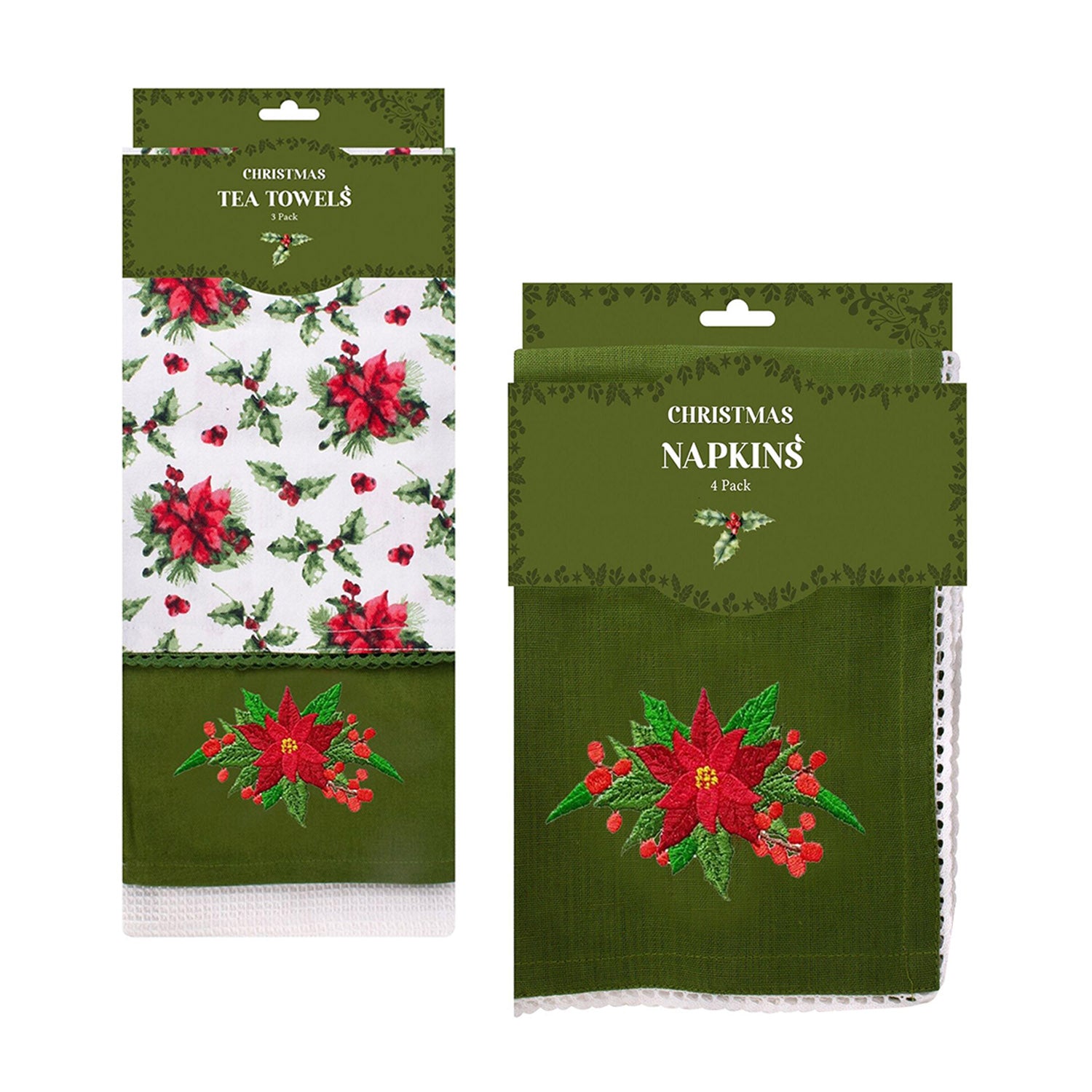 7pcs Christmas Joy Green Dinner Napkins & Tea Towels Set