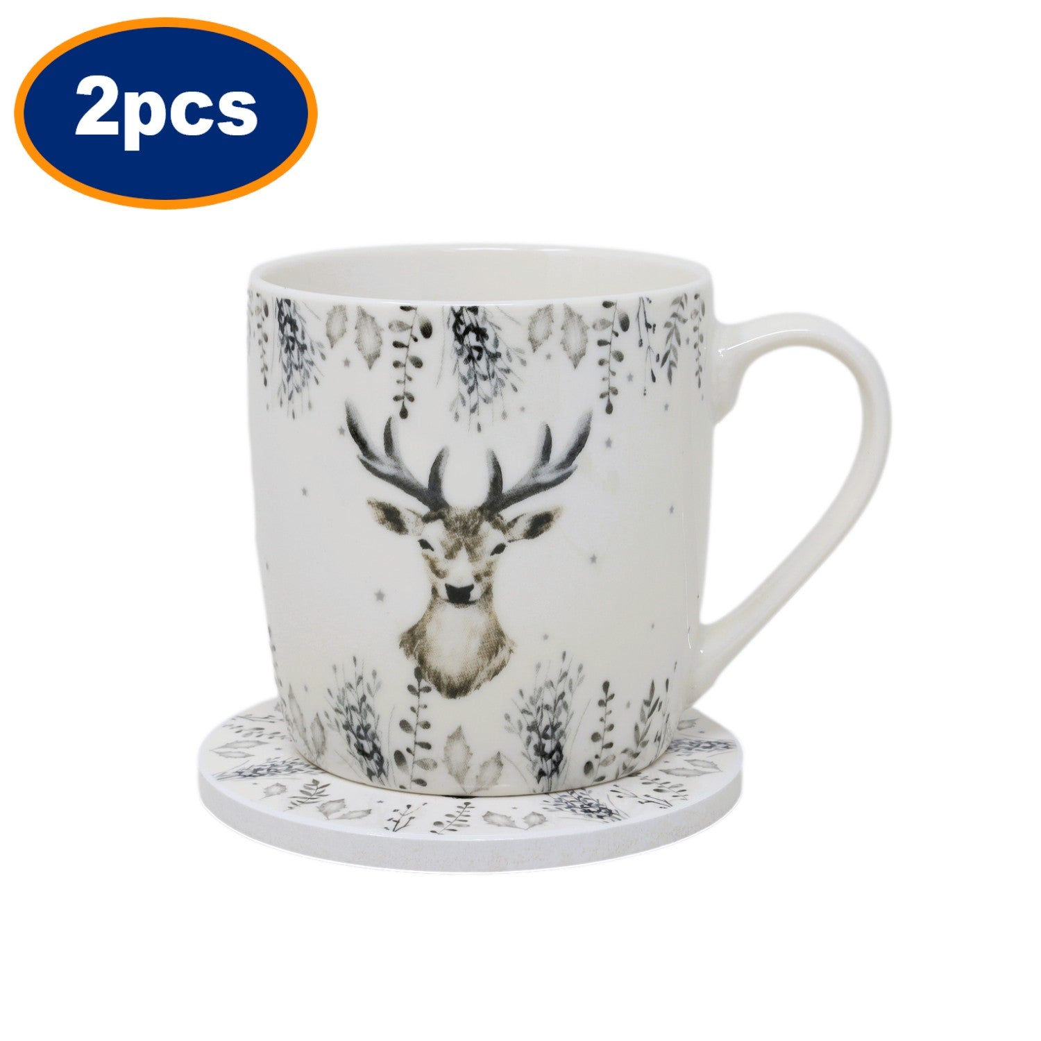 2 Sets of Harvey & Mason  Silver Deer New Fine China Mug & Coaster