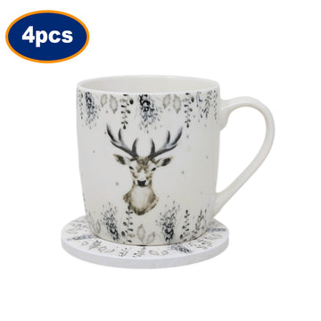4 Sets of Harvey & Mason  Silver Deer New Fine China Mug & Coaster