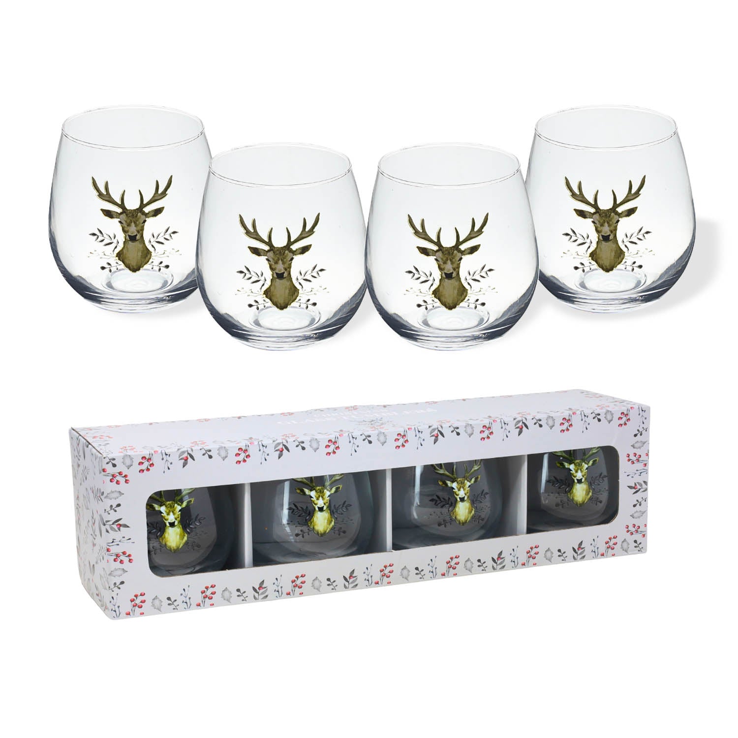 4Pcs 450ml Stag Design Christmas Glass Tumblers Set