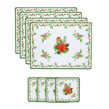 8Pc Cork Robin & Poinsettia Christmas Placemats & Coasters Set