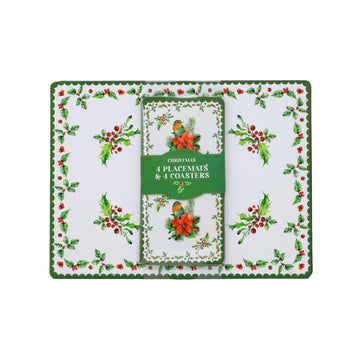 8Pc Cork Robin & Poinsettia Christmas Placemats & Coasters Set