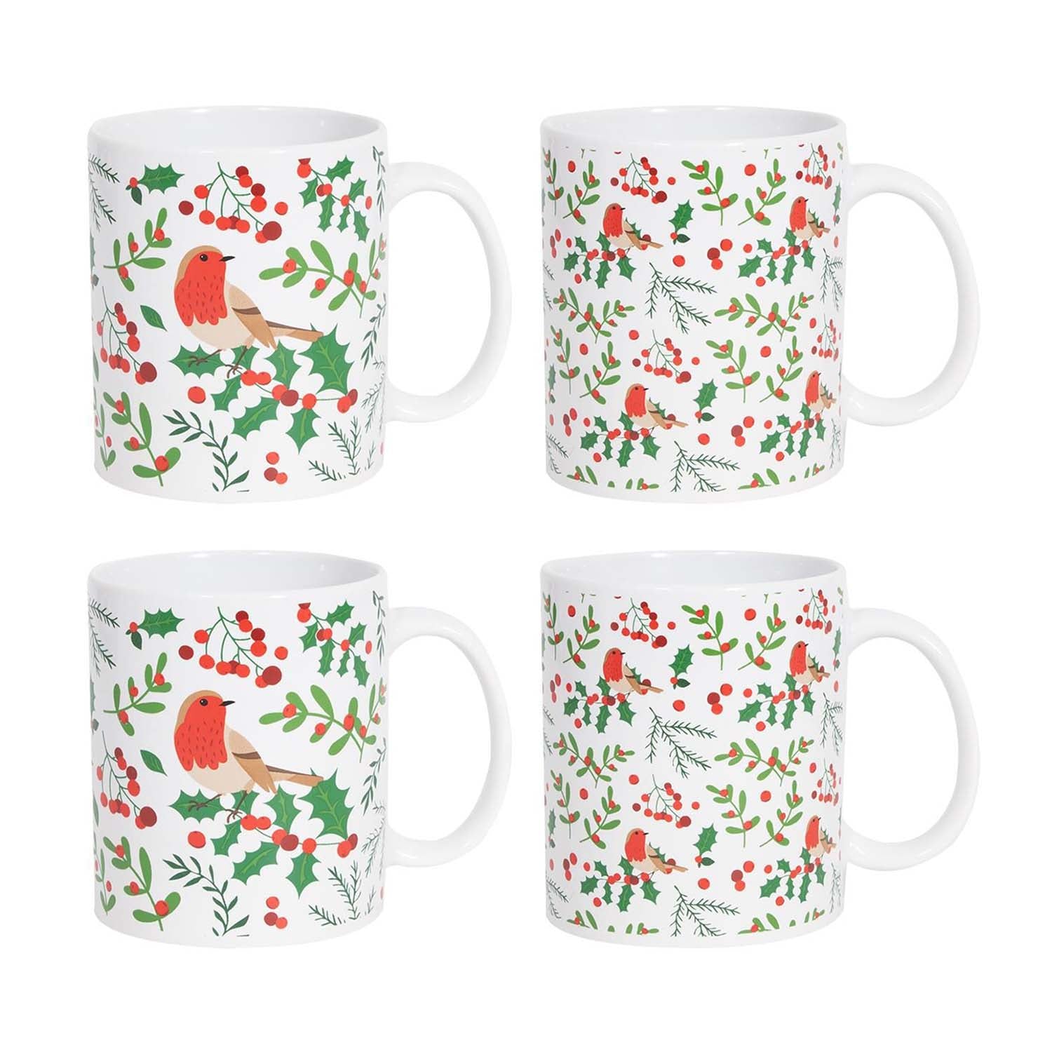 4Pcs 350ml Christmas Robin & Holly Coffee Mug Set