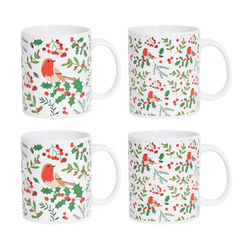 4Pcs 350ml Christmas Robin & Holly Coffee Mug Set
