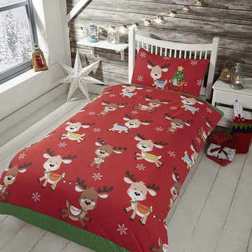 Rudolph Santa Reindeer Duvet Cover Set Single Red
