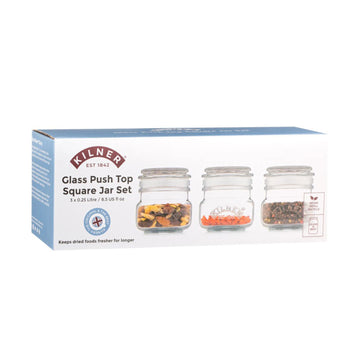 3Pcs Kilner 250ml Square Glass Push Top Storage Jars
