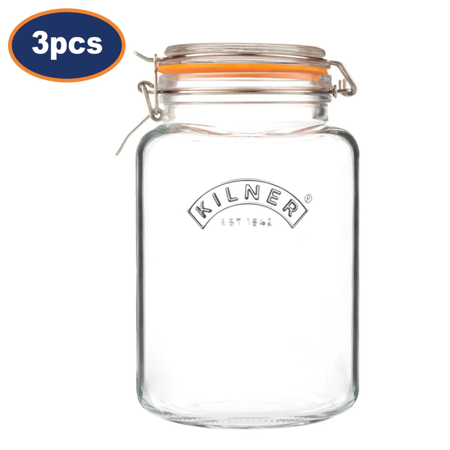 3Pcs Kilner 3L Square Clip Top Glass Storage Jars