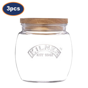 3Pcs Kilner 850ml Wooden Push Top Lid Airtight Glass Jars
