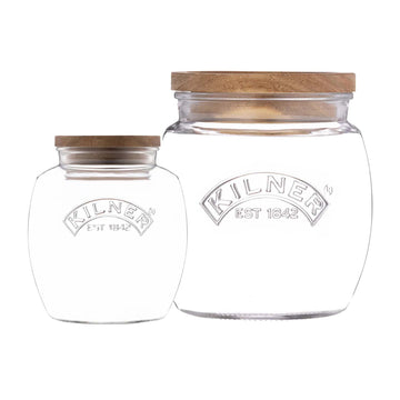 Small & Large Kilner Wooden Push Top Lid Airtight Glass Jars Set