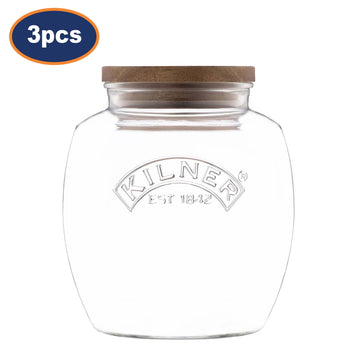 3Pcs Kilner 2L Wooden Push Top Lid Airtight Glass Jars