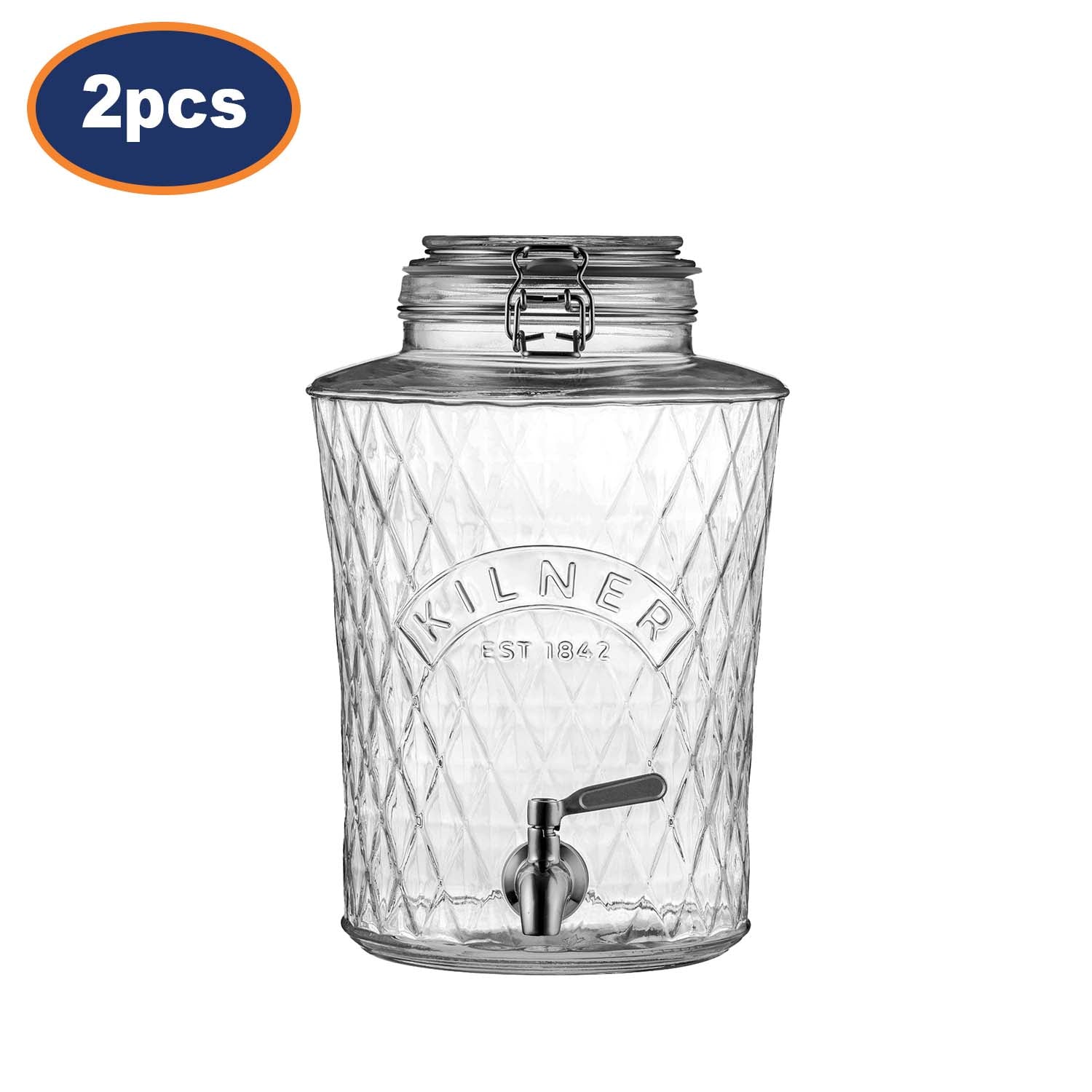 2Pcs Kilner 5 Litre Glass Clip Top Diamond Dispenser