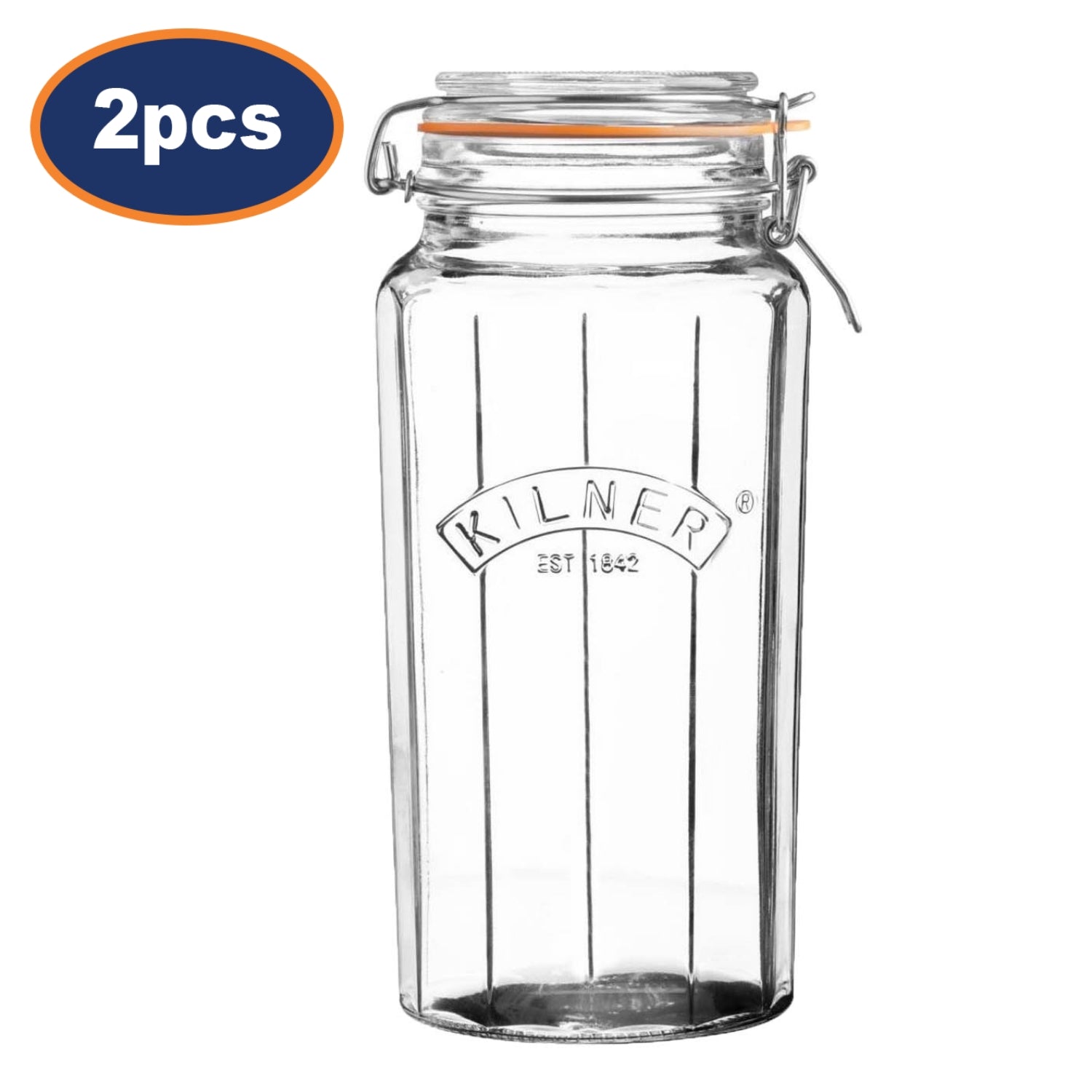 2Pcs Kilner 1.8L Cliptop Faceted Glass Storage Jars