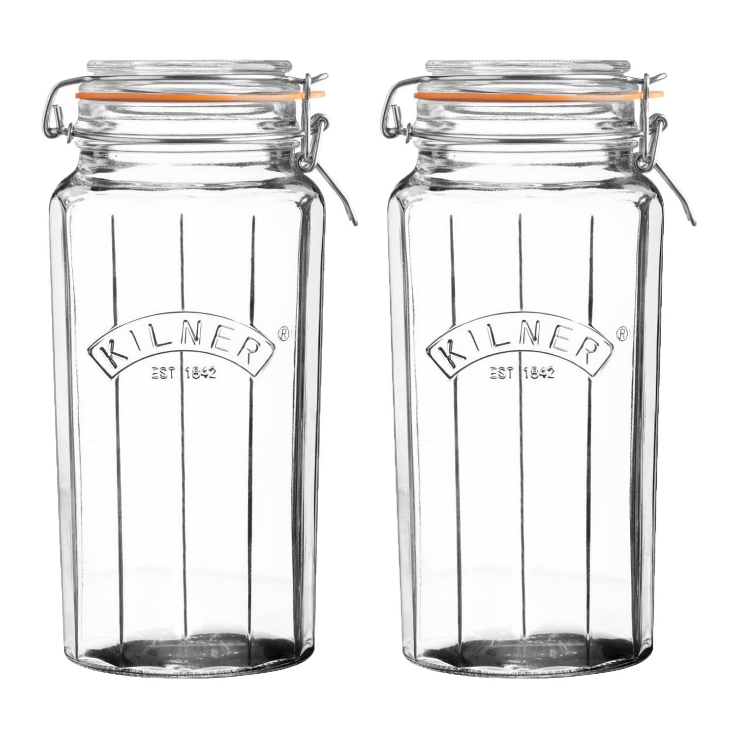 2Pcs Kilner 1.8L Cliptop Faceted Glass Storage Jars