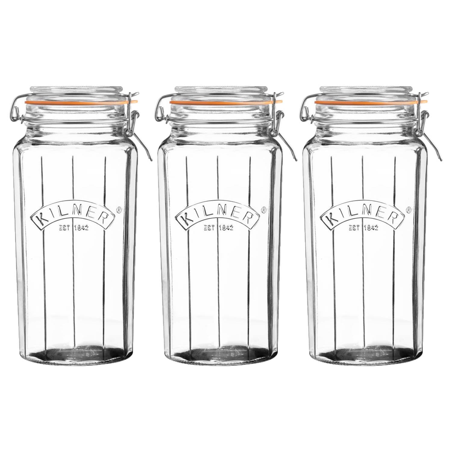 3Pcs Kilner 1.8L Cliptop Faceted Glass Storage Jars