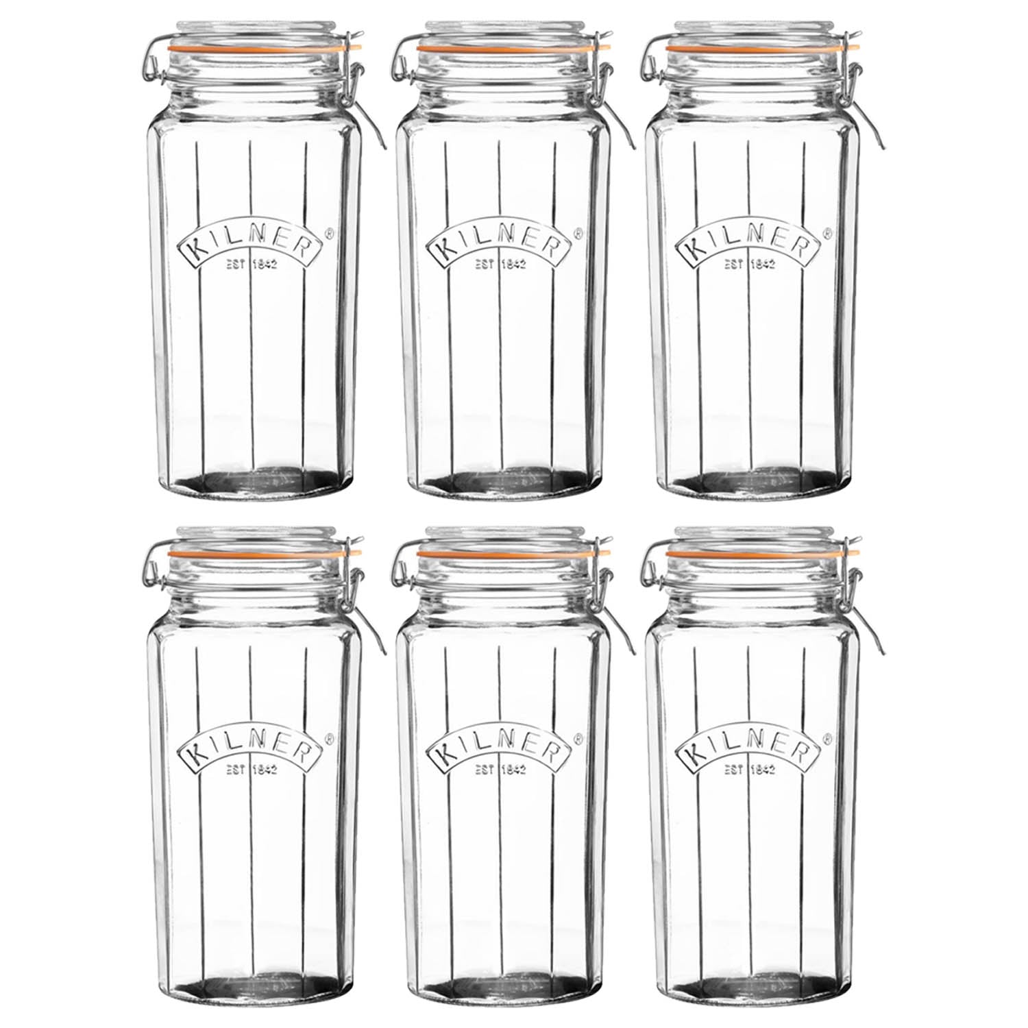 6Pcs Kilner 1.8L Cliptop Faceted Glass Storage Jars