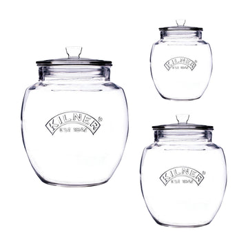 3Pcs Various Sized Kilner Clear Glass Push Top Storage Jars
