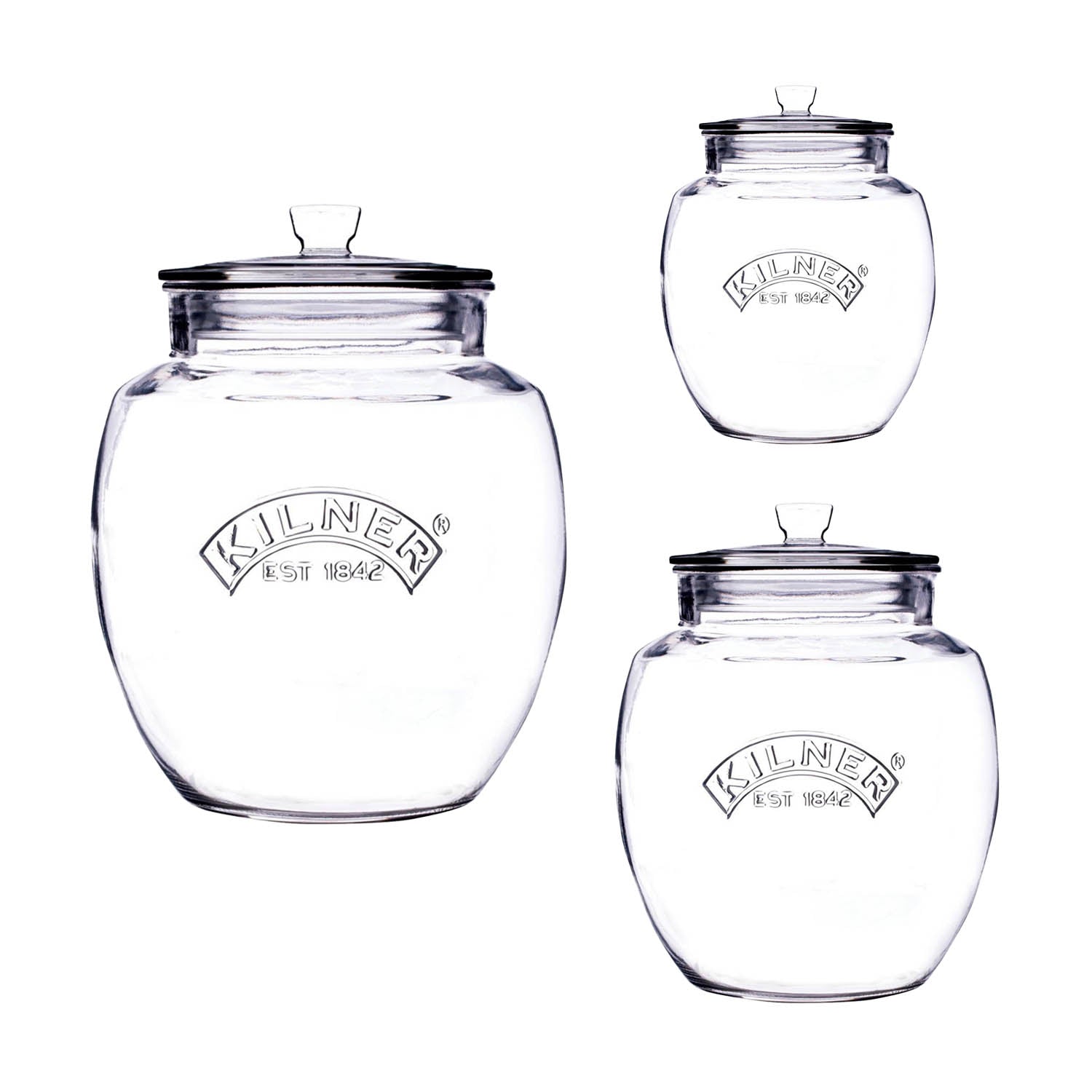 3Pcs Various Sized Kilner Clear Glass Push Top Storage Jars