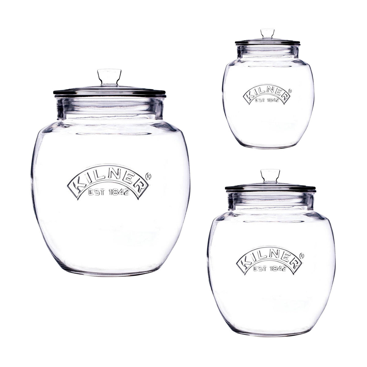 3Pcs Various Sized Kilner Clear Glass Push Top Storage Jars