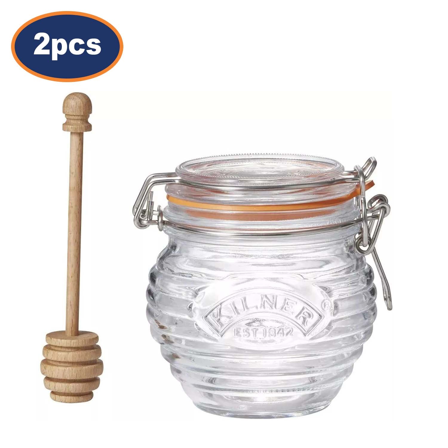 2Pcs Kilner 400ml Clip Top Glass Honey Pot With Beech Wood Dipper