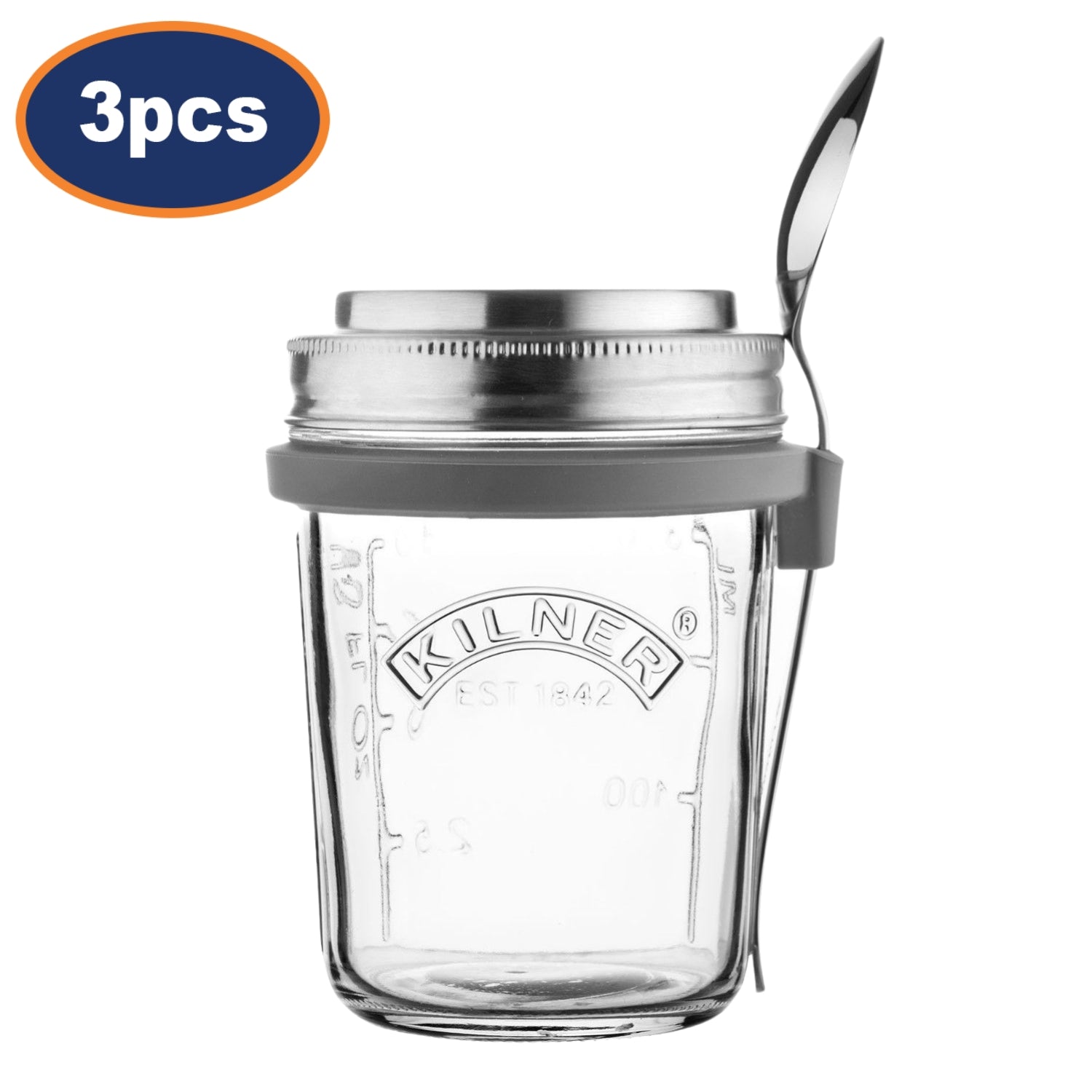 3Pcs Kilner 350ml Grey Breakfast On the Go Glass Jar Set