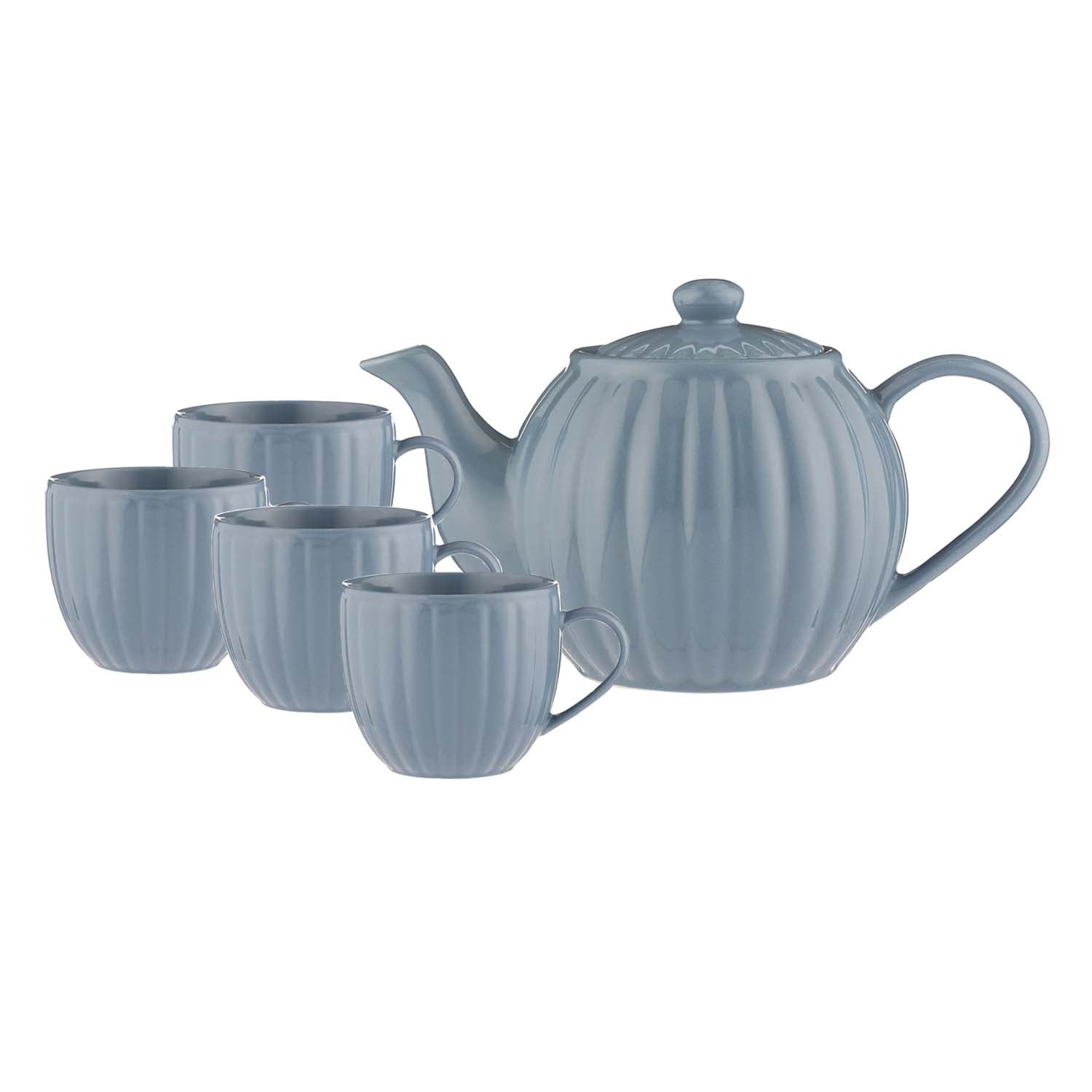 1.1L Teapot & 4Pcs Price & Kensington 460ml Bluebell Stoneware Fluted Mugs Set