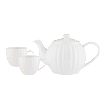 1.1L Teapot & 2Pcs Price & Kensington 460ml White Stoneware Fluted Mugs Set