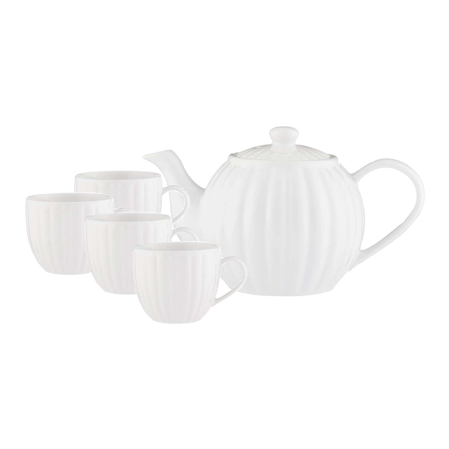 1.1L Teapot & 4Pcs Price & Kensington 460ml White Stoneware Fluted Mugs Set