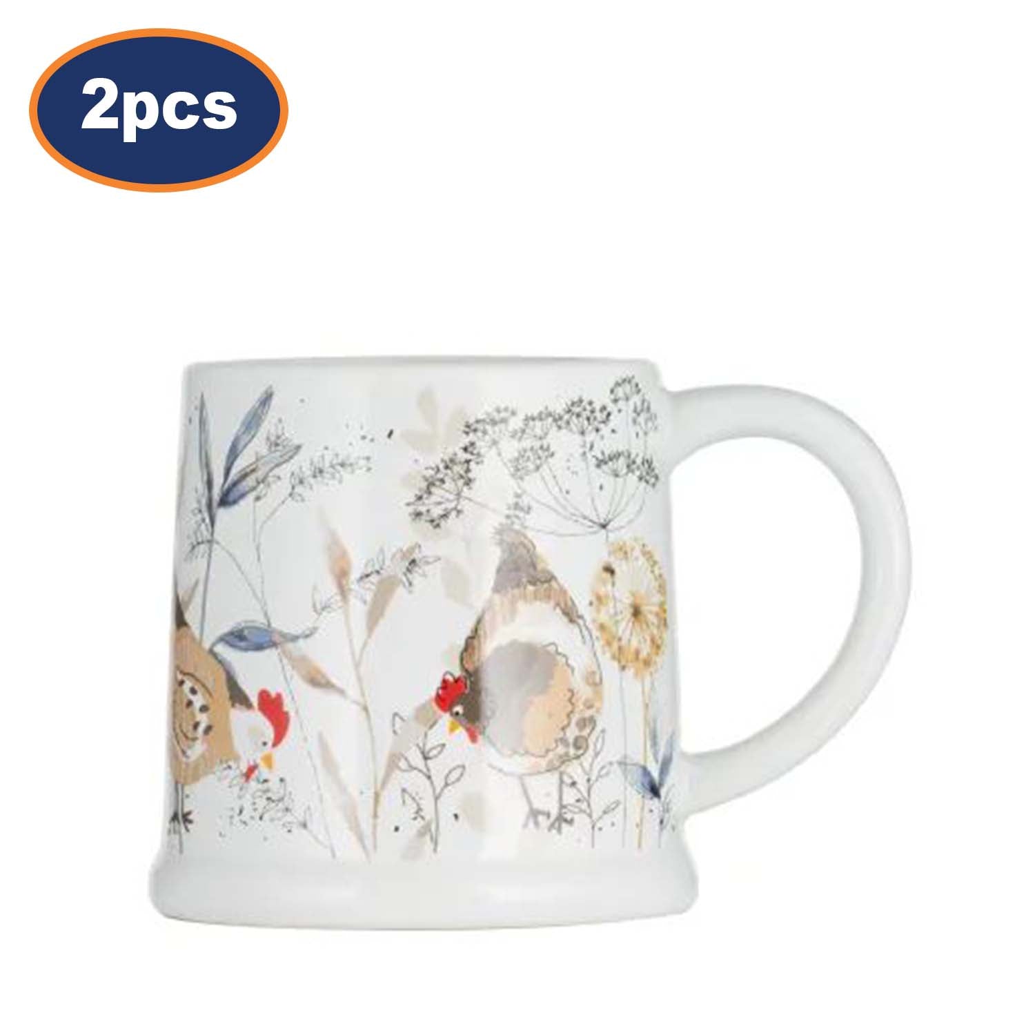 2Pcs 385ml Ceramic Country Hen Design Footed Coffee Mugs