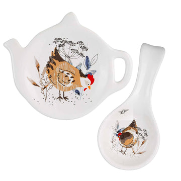 2Pcs Country Hens White Ceramic Spoon Rest & Teabag Tidy