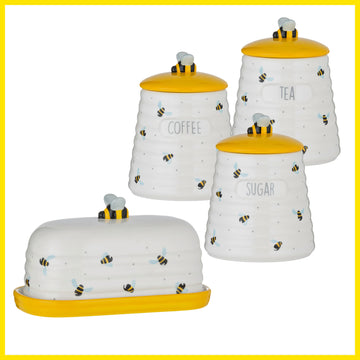 4Pcs Sweet Bee Ceramic Coffee Tea Sugar Canisters & Butter Dish Set