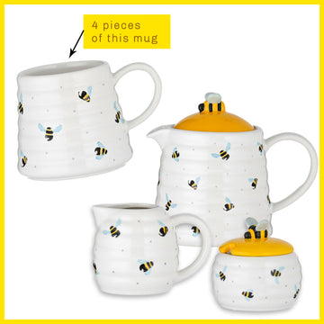 7pc Sweet Bee Ceramic Teapot Milk Jug Sugar Pot & 4pc Mugs Set