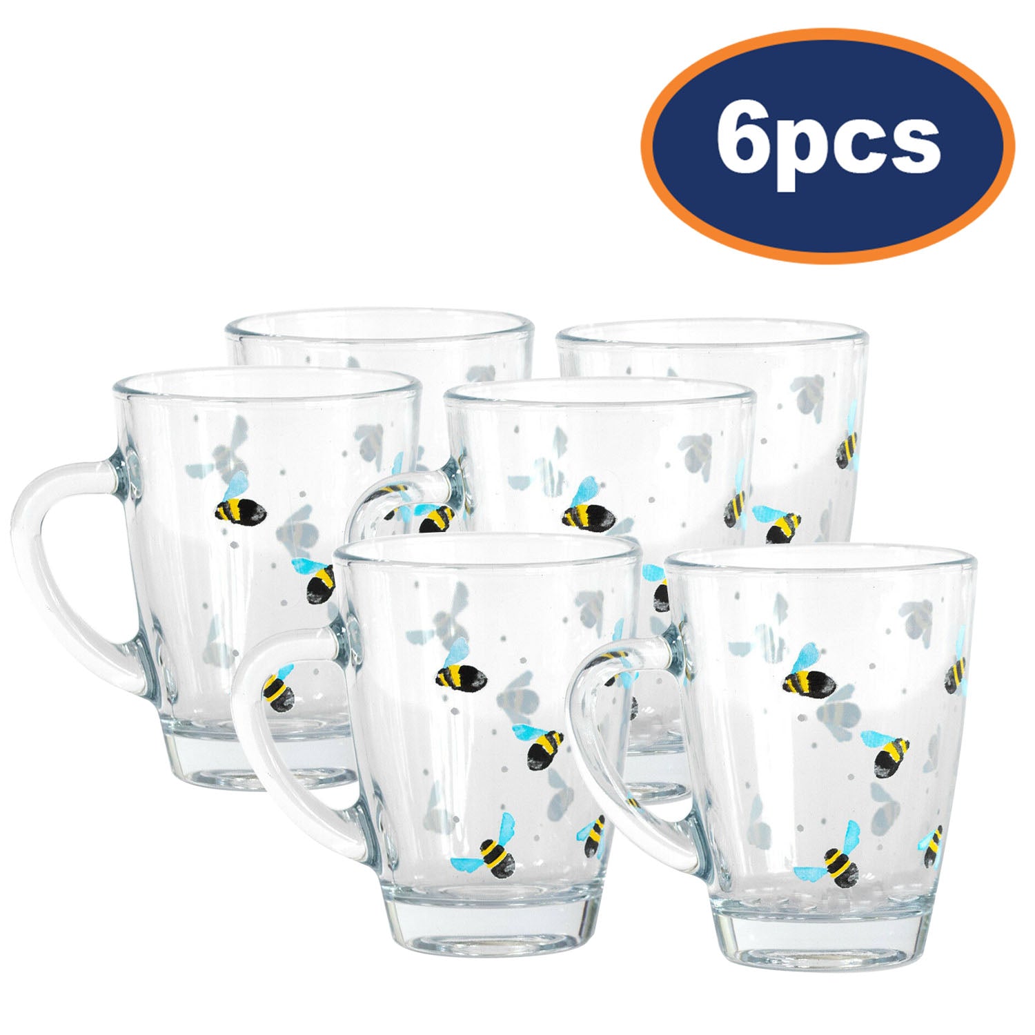 6pcs Sweet Bee Print Decorated Glass Mugs