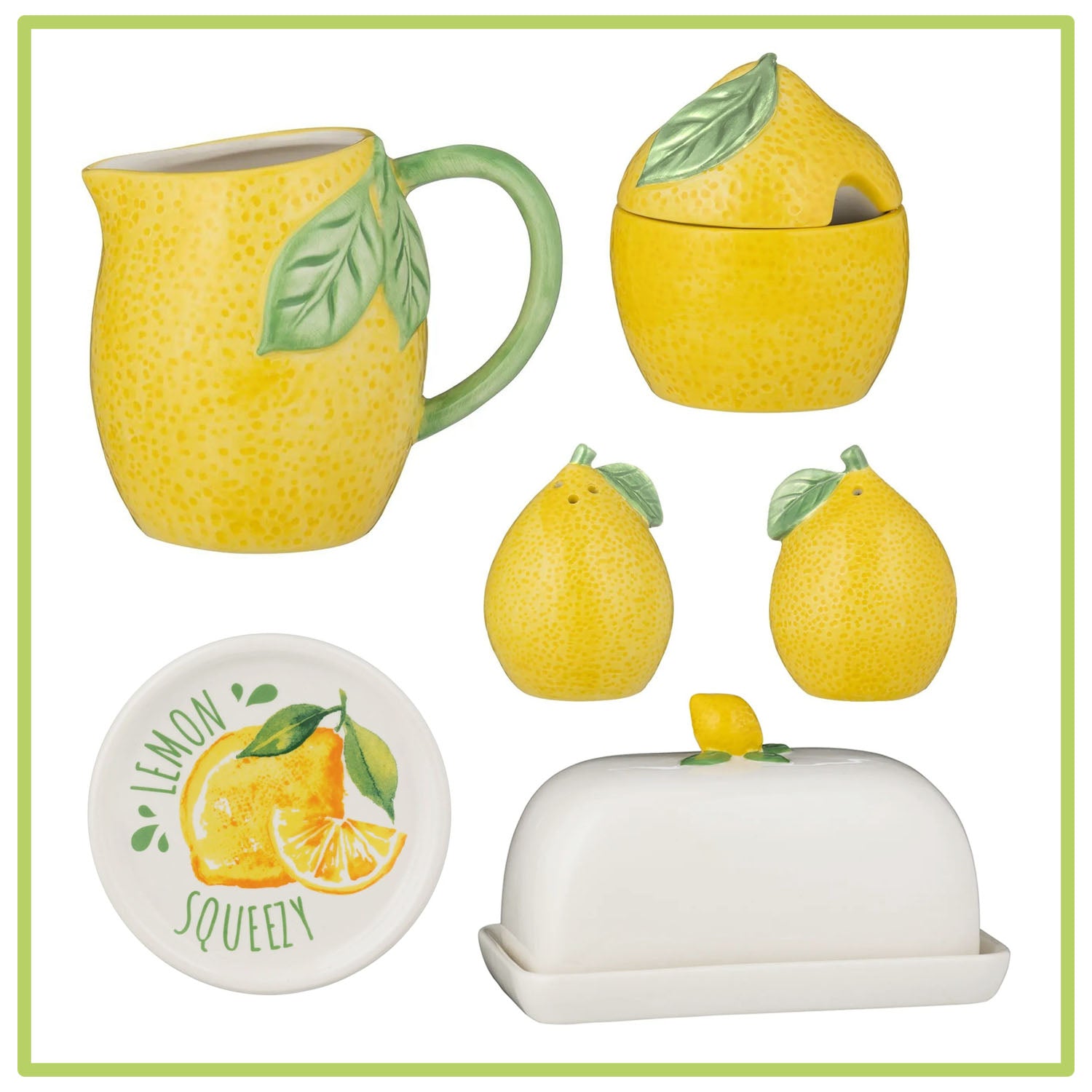 5pc Amalfi Lemon Ceramic Butter Dish Salt Shaker Sugar Bowl Milk Jug Teabag Tidy