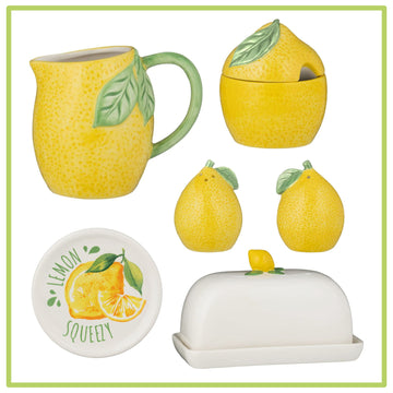 5pc Amalfi Lemon Ceramic Butter Dish Salt Shaker Sugar Bowl Milk Jug Teabag Tidy